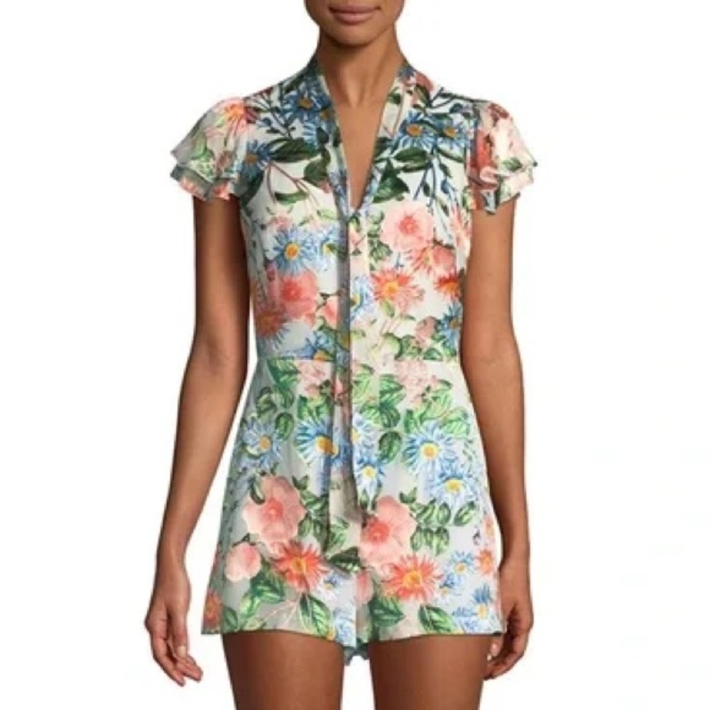 Alice + Olivia Floral Tie-Neck Romper in White, Pink, Blue, Green